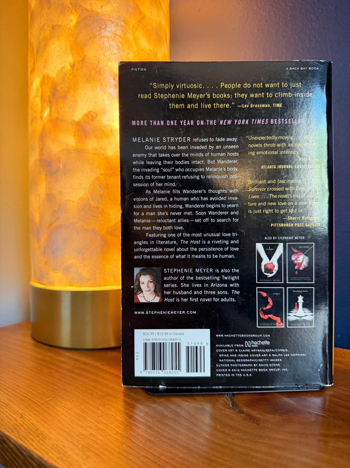 Back cover of a book with text and a barcode on a wooden surface