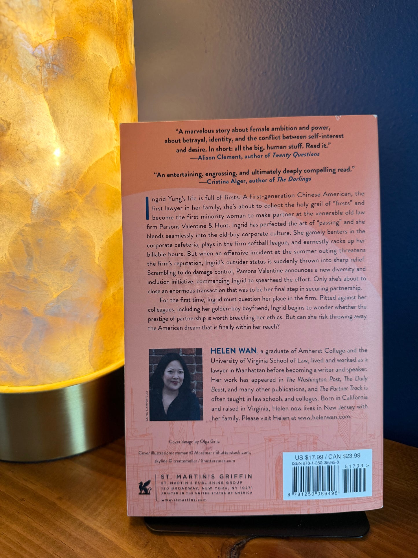 Back cover of a book with text and a barcode on a wooden surface