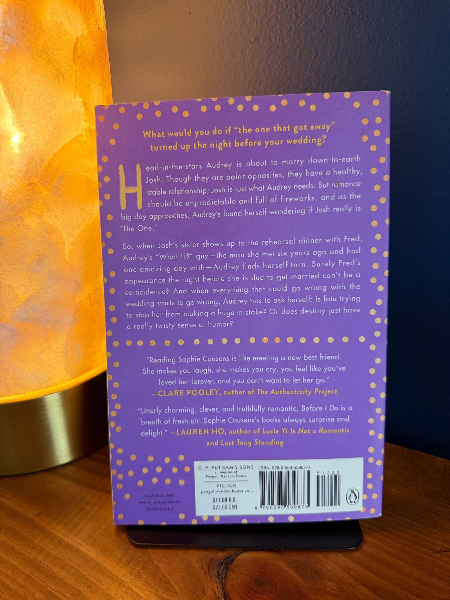 Back cover of a book with text and a purple border on a wooden surface.