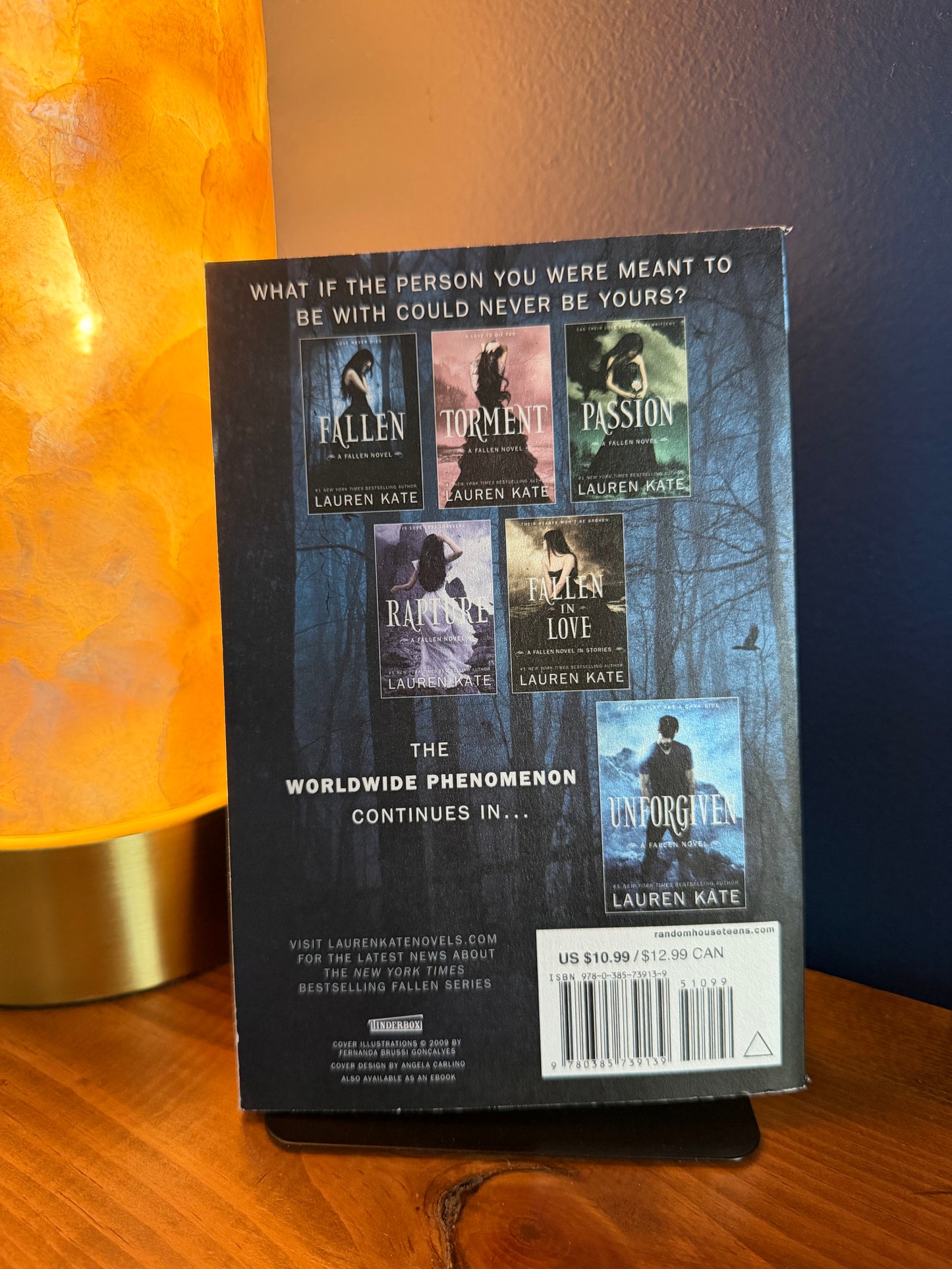 Book cover of 'Fallen' by Lauren Kate on a stand with a lamp in the background