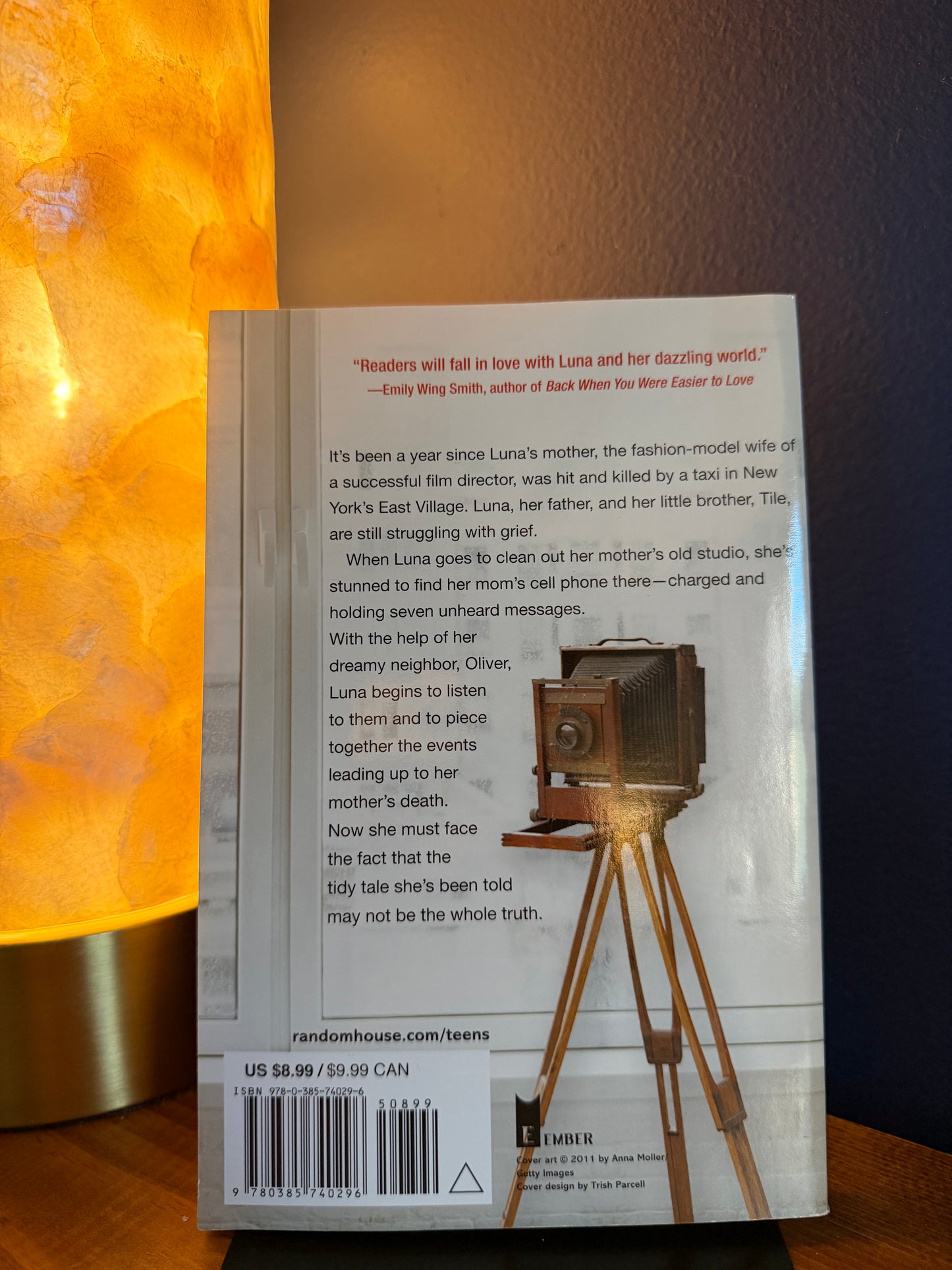 Book cover with vintage camera on a stand against a warm light background