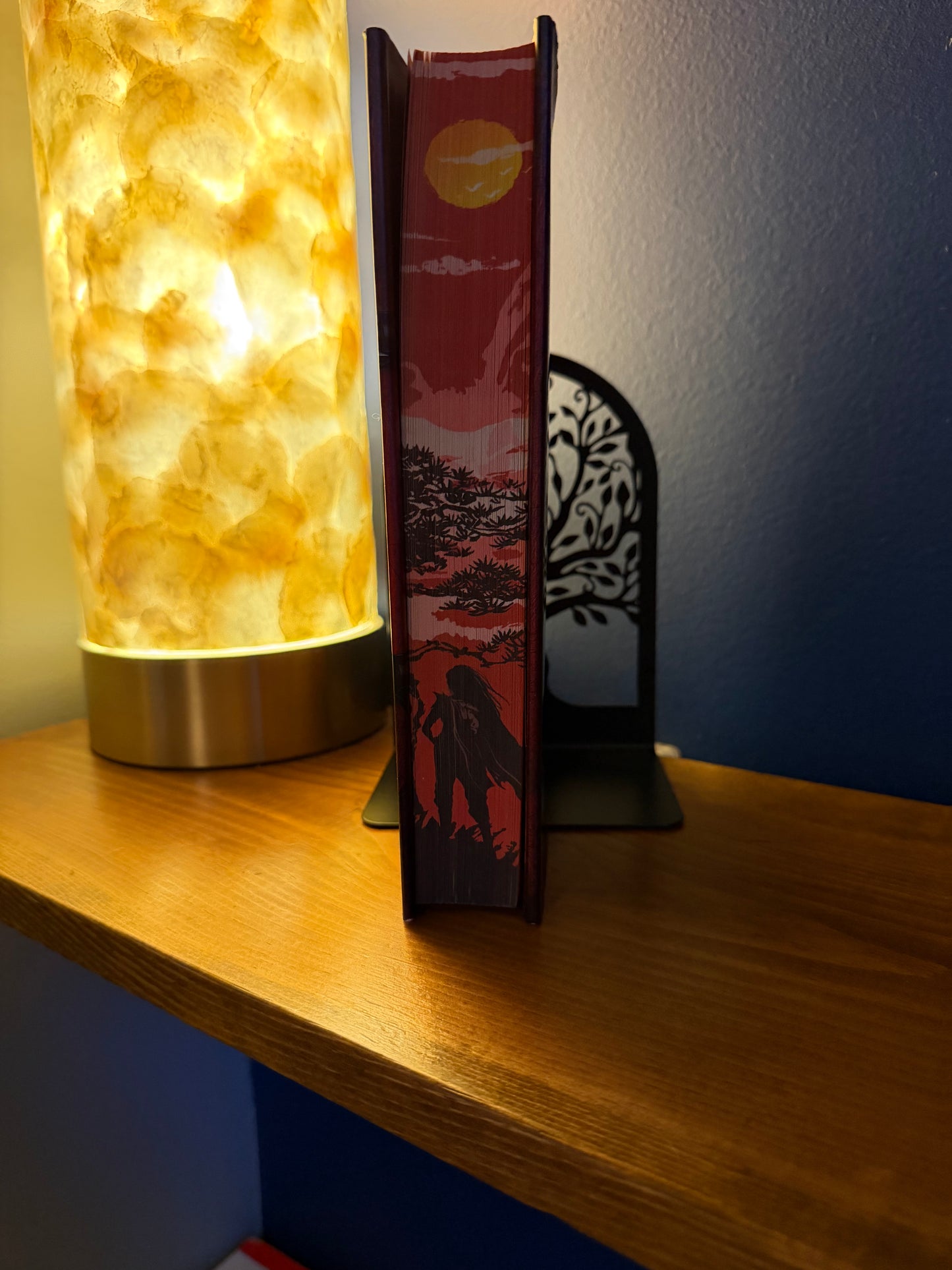 Decorative wall sconce with a warm light fixture on a wooden shelf.