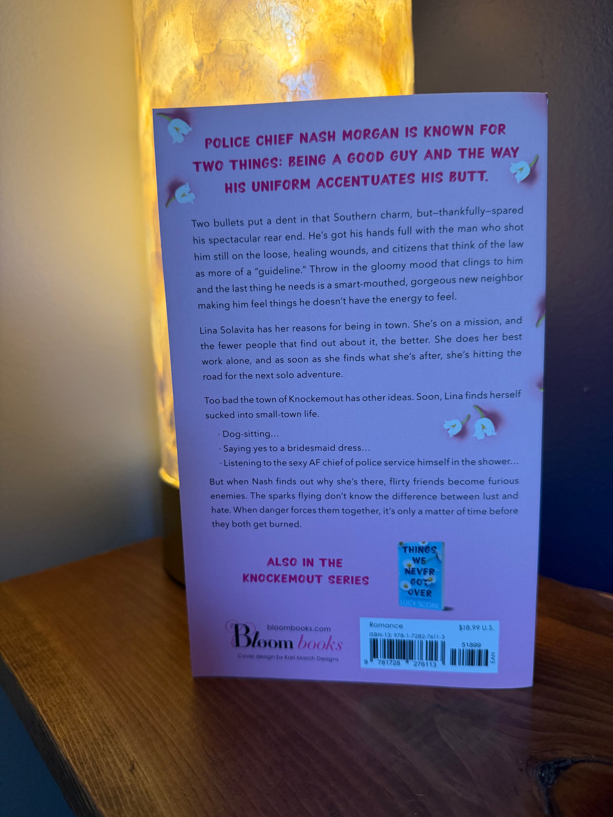 The back cover of a book, published by Bloom Books, displayed on a wooden surface with a warm light shining from behind.