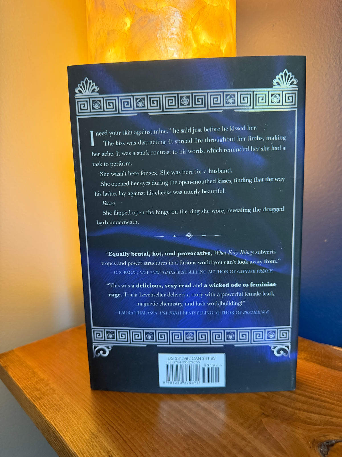 The back cover of a book titled 'What Fury Brings' by Tricia Levenseller, displayed on a wooden shelf in front of a glowing amber lamp.