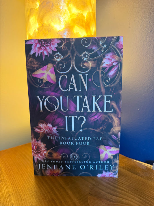 The book 'Can You Take It?' by Jeneane O'Reily, standing upright on a wooden shelf in front of a glowing yellow lamp and a blue wall.