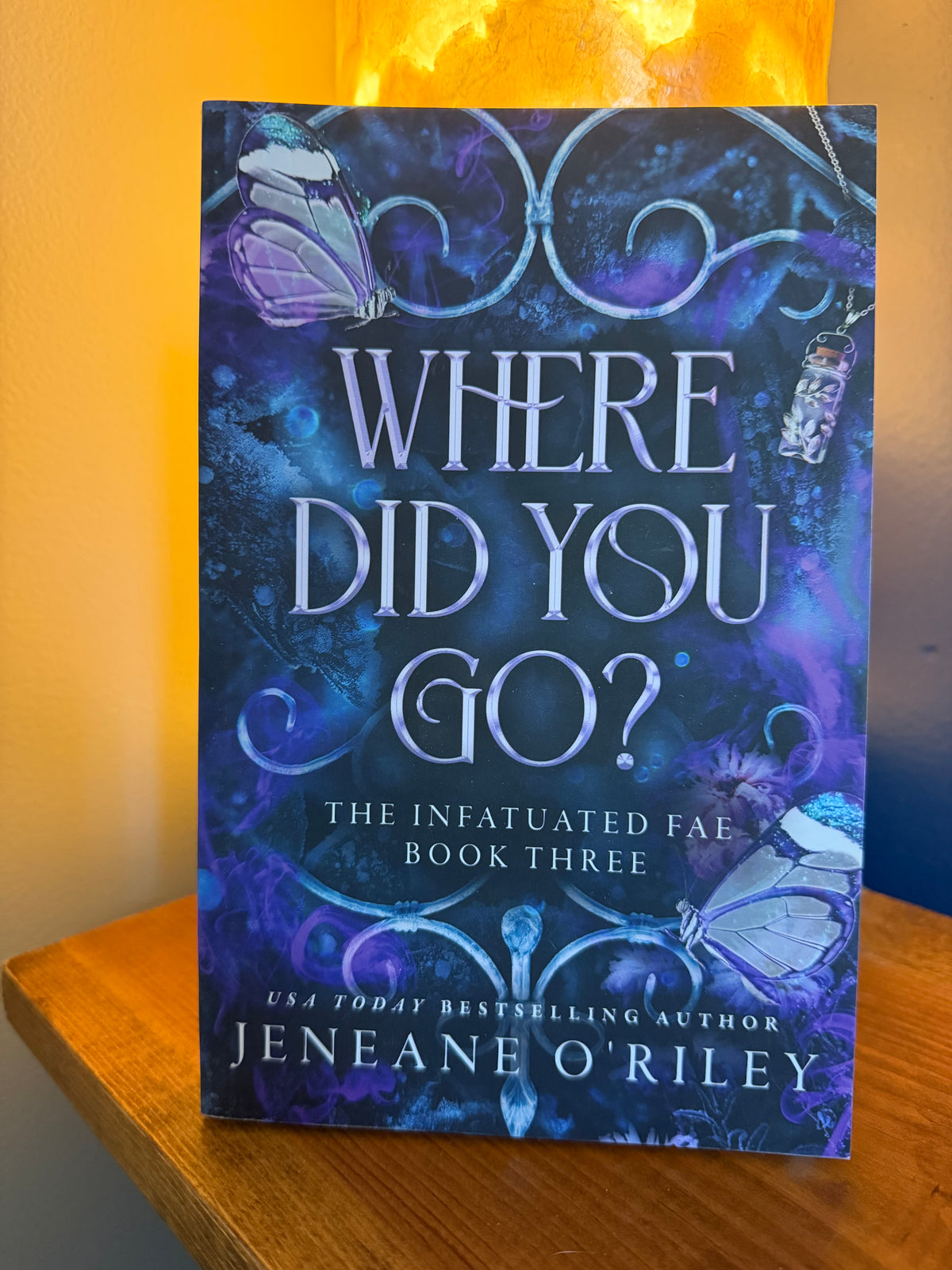 The book cover of 'Where Did You Go?' by Jeneane O'Reily, featuring a dark blue and purple fantasy design with butterflies and silver lettering, displayed on a wooden surface with a warm glowing lamp in the background.